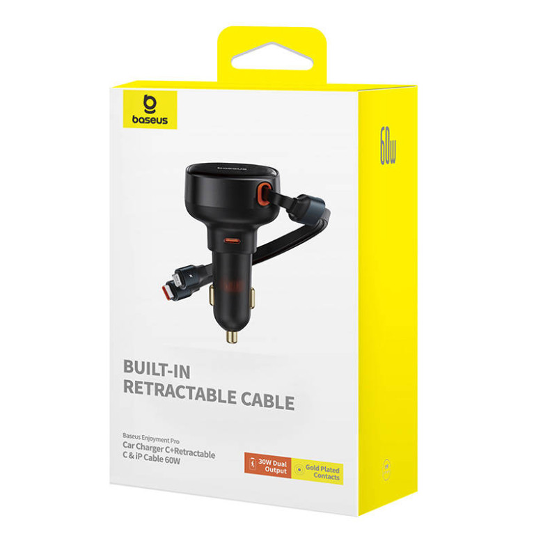 Baseus Enjoyment autó töltő USB-C - USB-C kábellel, Lightning 60W (fekete) Baseus Enjoyment autó töltő USB-C - USB-C kábellel, Lightning 60W (fekete)