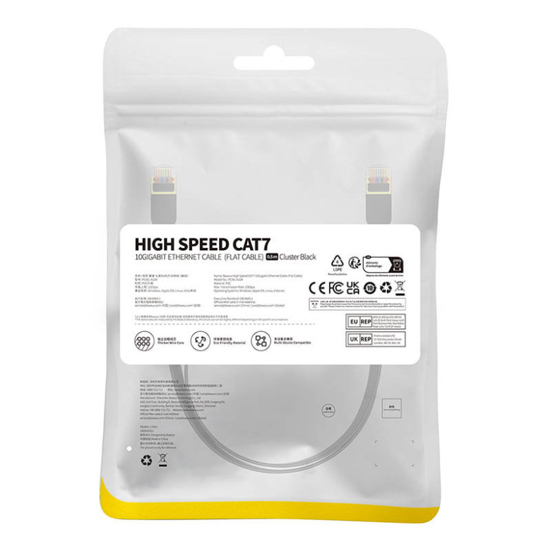 Baseus Cat 7 UTP Ethernet RJ45 kábel lapos 0,5m fekete Baseus Cat 7 UTP Ethernet RJ45 kábel lapos 0,5m fekete