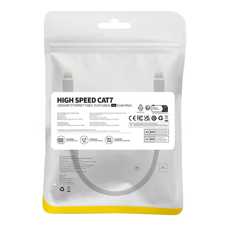 Baseus Cat 7 UTP Ethernet RJ45 kábel lapos 1 m fekete Baseus Cat 7 UTP Ethernet RJ45 kábel lapos 1 m fekete
