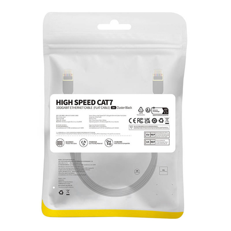 Baseus Cat 7 UTP Ethernet RJ45 kábel lapos 2 m fekete Baseus Cat 7 UTP Ethernet RJ45 kábel lapos 2 m fekete