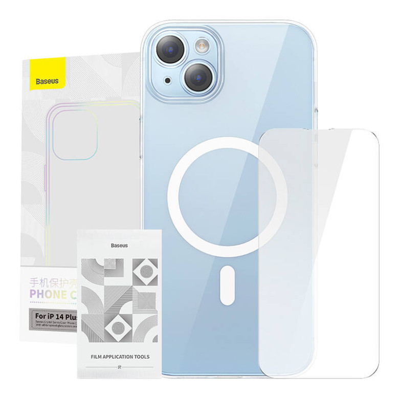 Baseus Crystal Series mágneses tok iPhone 14 Plus készülékhez + edzett üveg Baseus Crystal Series mágneses tok iPhone 14 Plus készülékhez + edzett üveg