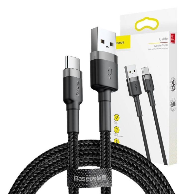 USB-USB-C kábel Baseus Cafule 3A 1m (szürke-fekete) USB-USB-C kábel Baseus Cafule 3A 1m (szürke-fekete)