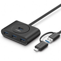 UGREEN USB 3.0 + USB-C 3.1 4 portos hub, OTG (fekete)