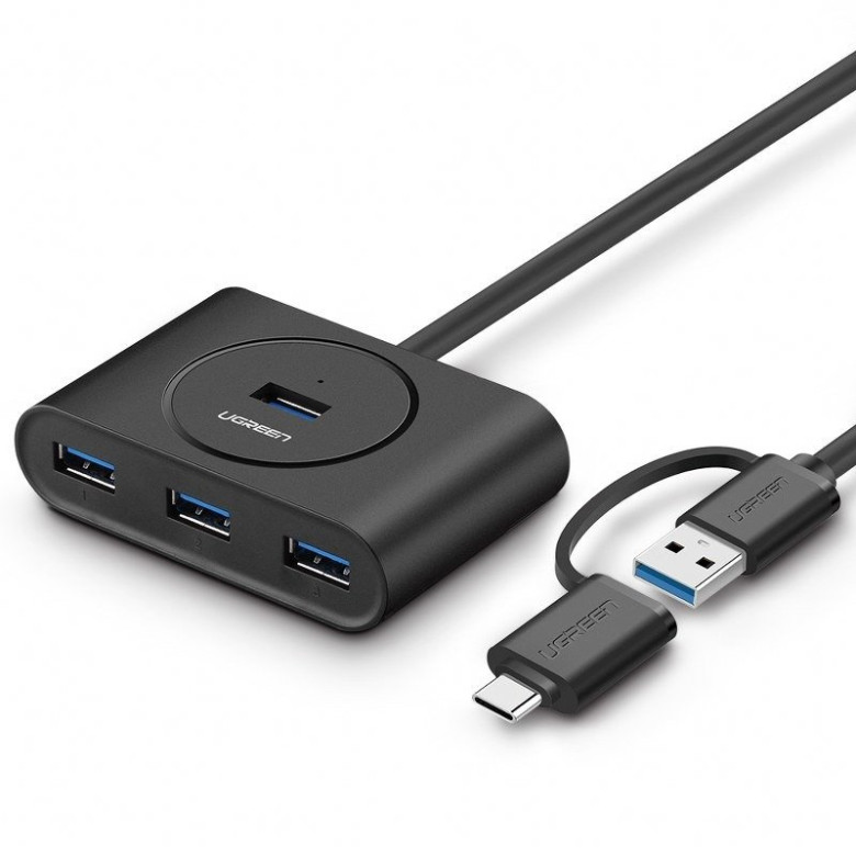 UGREEN USB 3.0 + USB-C 3.1 4 portos hub, OTG (fekete)