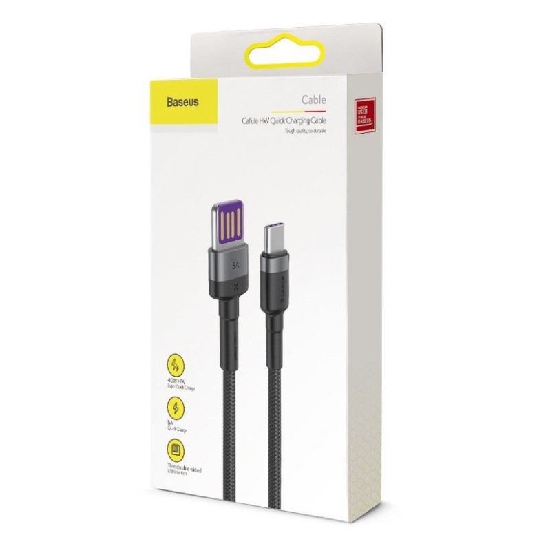 Baseus Cafule USB-USB-C kábel Huawei SuperCharge, QC 3.0, 5A 1m (fekete-szürke) Baseus Cafule USB-USB-C kábel Huawei SuperCharge, QC 3.0, 5A 1m (fekete-szürke)