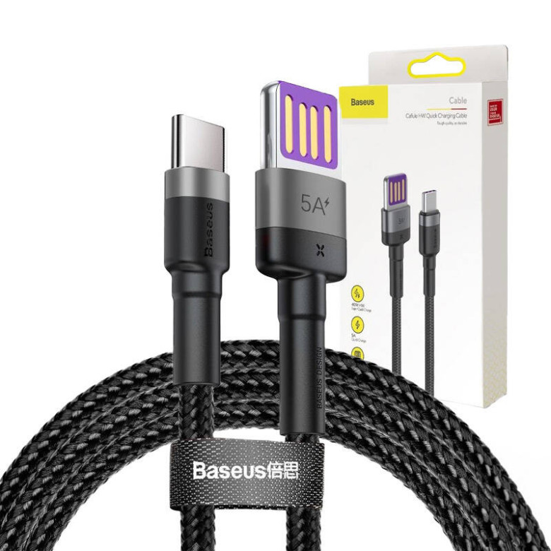 Baseus Cafule USB-USB-C kábel Huawei SuperCharge, QC 3.0, 5A 1m (fekete-szürke) Baseus Cafule USB-USB-C kábel Huawei SuperCharge, QC 3.0, 5A 1m (fekete-szürke)