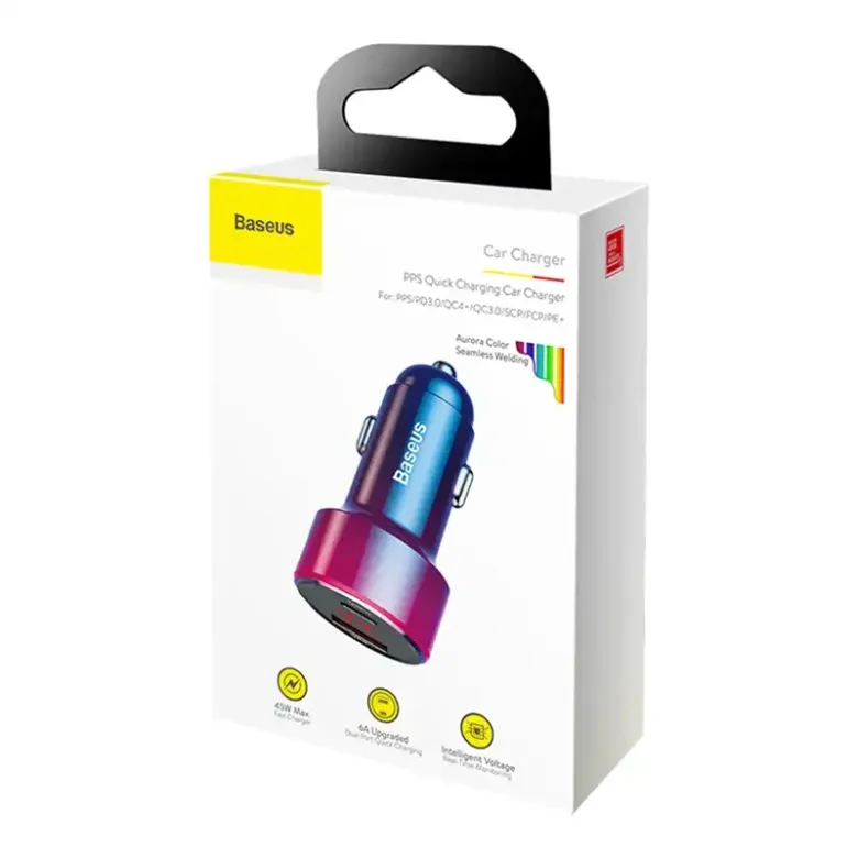 Baseus Magic USB + USB-C QC 4.0 PD 45W autós töltő (piros-kék) Baseus Magic USB + USB-C QC 4.0 PD 45W autós töltő (piros-kék)