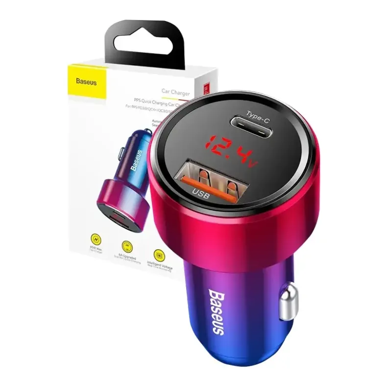 Baseus Magic USB + USB-C QC 4.0 PD 45W autós töltő (piros-kék) Baseus Magic USB + USB-C QC 4.0 PD 45W autós töltő (piros-kék)