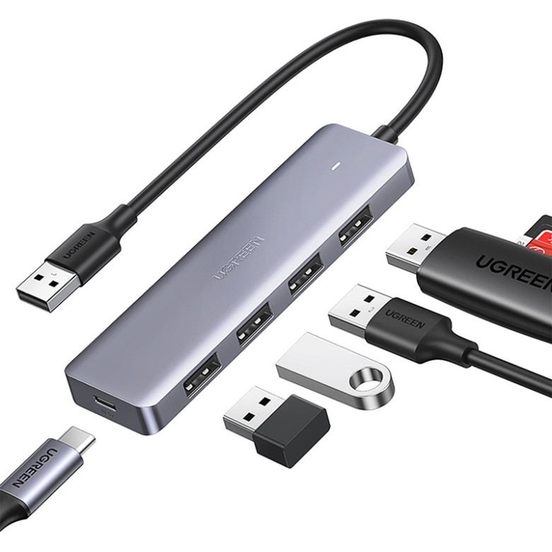 UGREEN CM219 4 az 1-ben USB adapter, 4x USB 3.0 + USB-C (szürke)