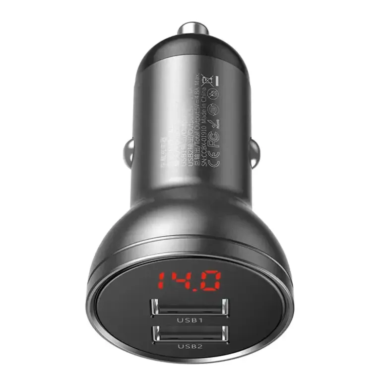 Baseus autós töltő kijelzővel, 2x USB, 4,8A, 24W (szürke) Baseus autós töltő kijelzővel, 2x USB, 4,8A, 24W (szürke)