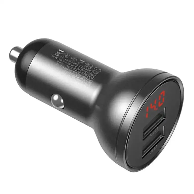 Baseus autós töltő kijelzővel, 2x USB, 4,8A, 24W (szürke) Baseus autós töltő kijelzővel, 2x USB, 4,8A, 24W (szürke)