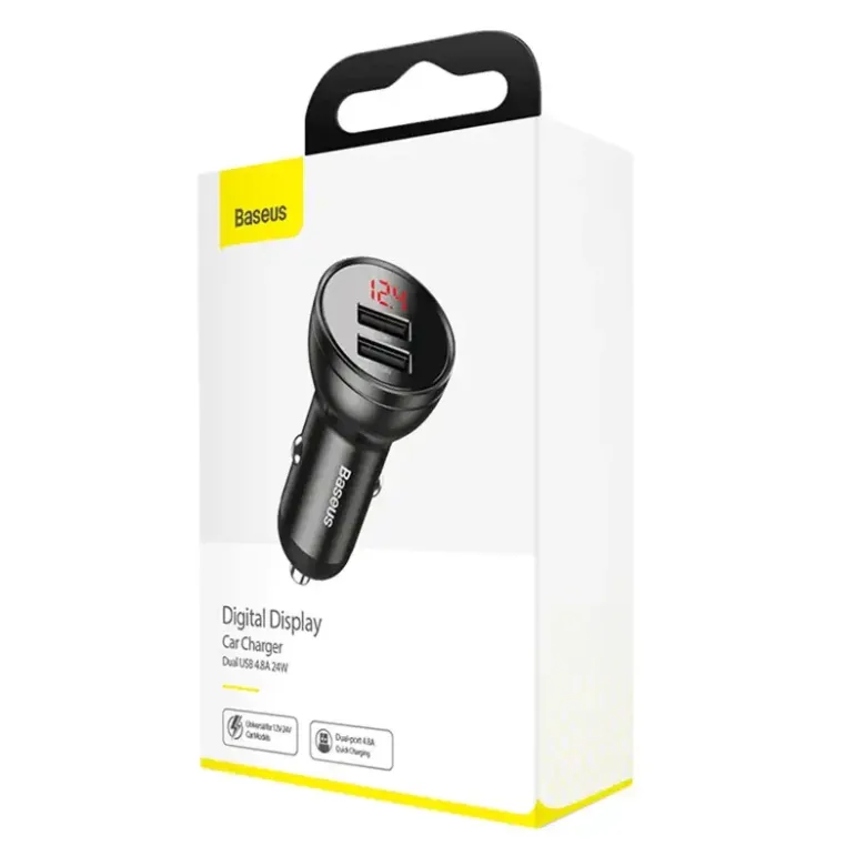 Baseus autós töltő kijelzővel, 2x USB, 4,8A, 24W (szürke) Baseus autós töltő kijelzővel, 2x USB, 4,8A, 24W (szürke)