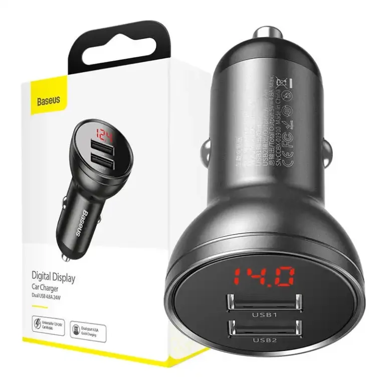 Baseus autós töltő kijelzővel, 2x USB, 4,8A, 24W (szürke) Baseus autós töltő kijelzővel, 2x USB, 4,8A, 24W (szürke)
