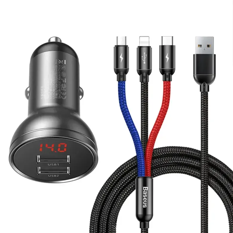 Baseus autós töltő 24 W-os kijelzővel + 3 az 1-ben Baseus három színű 1,2 m-es USB kábel Baseus autós töltő 24 W-os kijelzővel + 3 az 1-ben Baseus három színű 1,2 m-es USB kábel