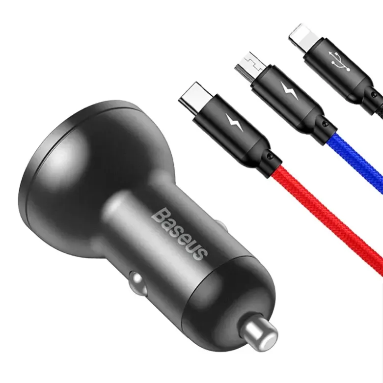Baseus autós töltő 24 W-os kijelzővel + 3 az 1-ben Baseus három színű 1,2 m-es USB kábel Baseus autós töltő 24 W-os kijelzővel + 3 az 1-ben Baseus három színű 1,2 m-es USB kábel
