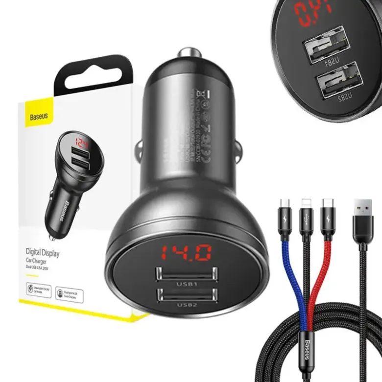 Baseus autós töltő 24 W-os kijelzővel + 3 az 1-ben Baseus három színű 1,2 m-es USB kábel Baseus autós töltő 24 W-os kijelzővel + 3 az 1-ben Baseus három színű 1,2 m-es USB kábel