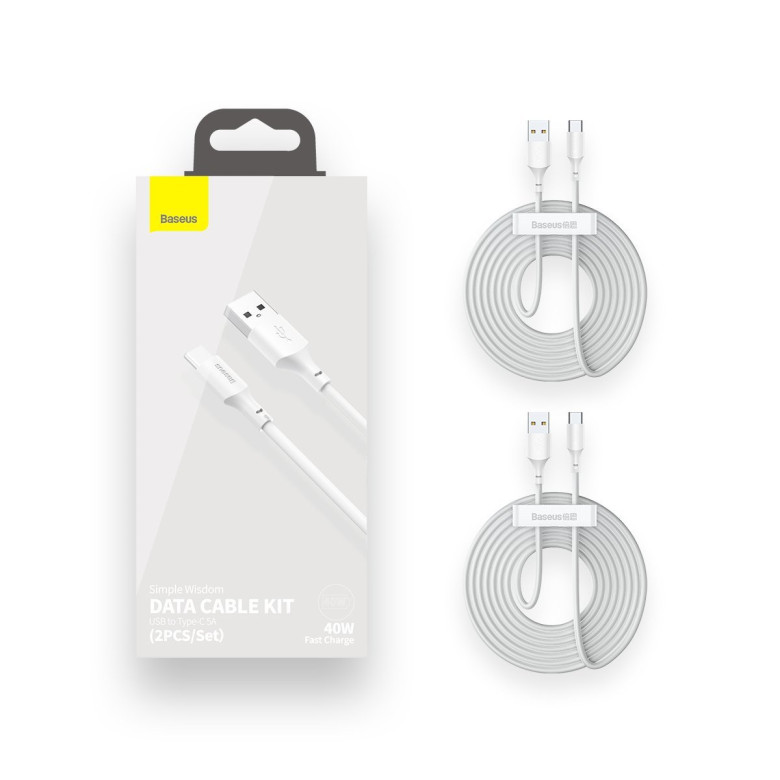 Baseus Simple Wisdom USB-USB-C kábel, 40W, 5A, 1,5m, 2db (fehér) Baseus Simple Wisdom USB-USB-C kábel, 40W, 5A, 1,5m, 2db (fehér)