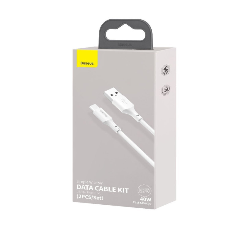 Baseus Simple Wisdom USB-USB-C kábel, 40W, 5A, 1,5m, 2db (fehér) Baseus Simple Wisdom USB-USB-C kábel, 40W, 5A, 1,5m, 2db (fehér)