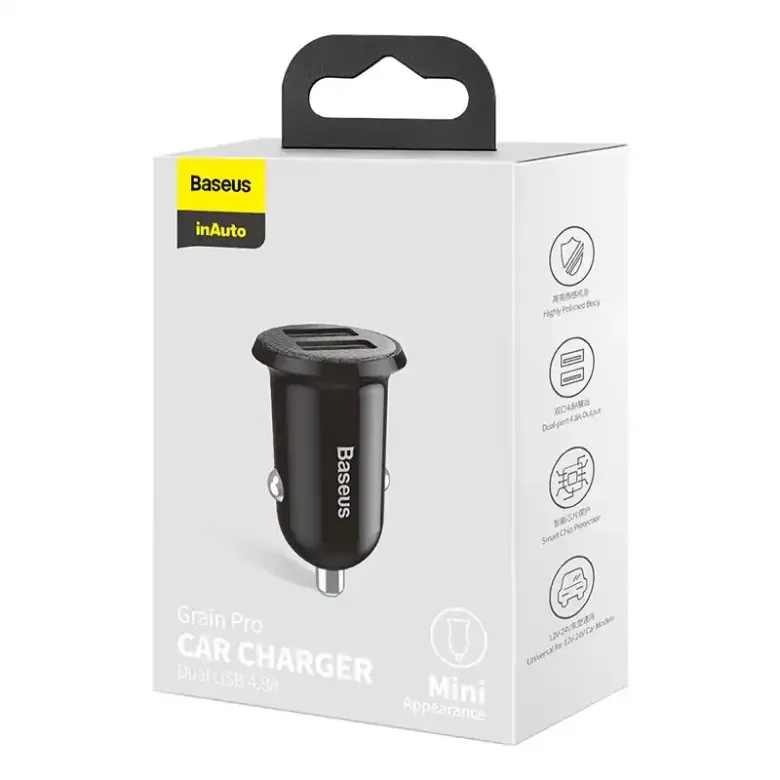 Baseus Grain Pro 2x USB 4.8A autós töltő (fekete) Baseus Grain Pro 2x USB 4.8A autós töltő (fekete)