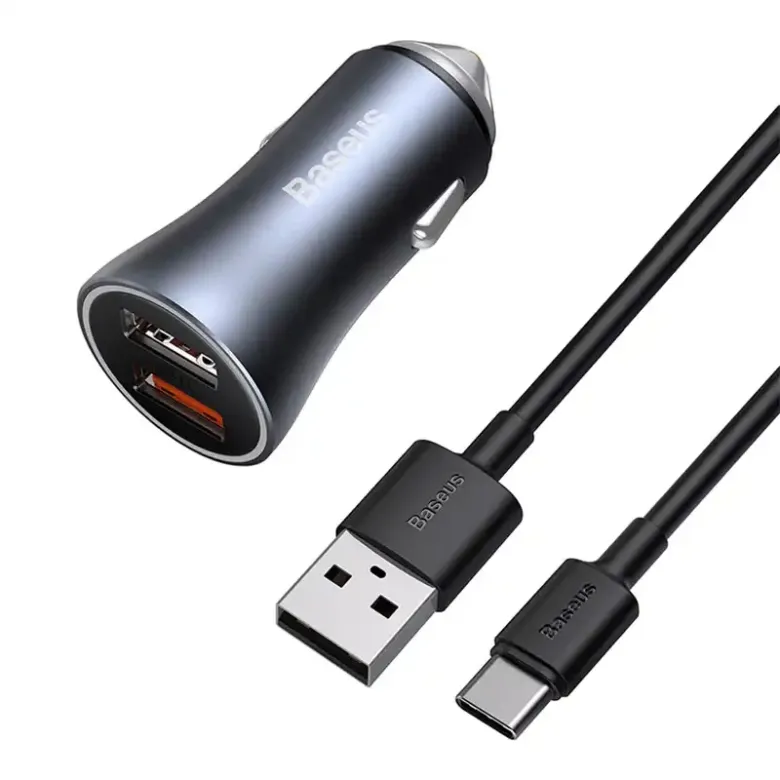 Baseus Golden Contactor Pro autós töltő, 2x USB, 40W (szürke) + USB-C kábel 1m (fekete) Baseus Golden Contactor Pro autós töltő, 2x USB, 40W (szürke) + USB-C kábel 1m (fekete)