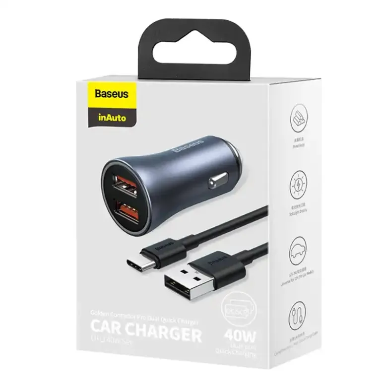 Baseus Golden Contactor Pro autós töltő, 2x USB, 40W (szürke) + USB-C kábel 1m (fekete) Baseus Golden Contactor Pro autós töltő, 2x USB, 40W (szürke) + USB-C kábel 1m (fekete)