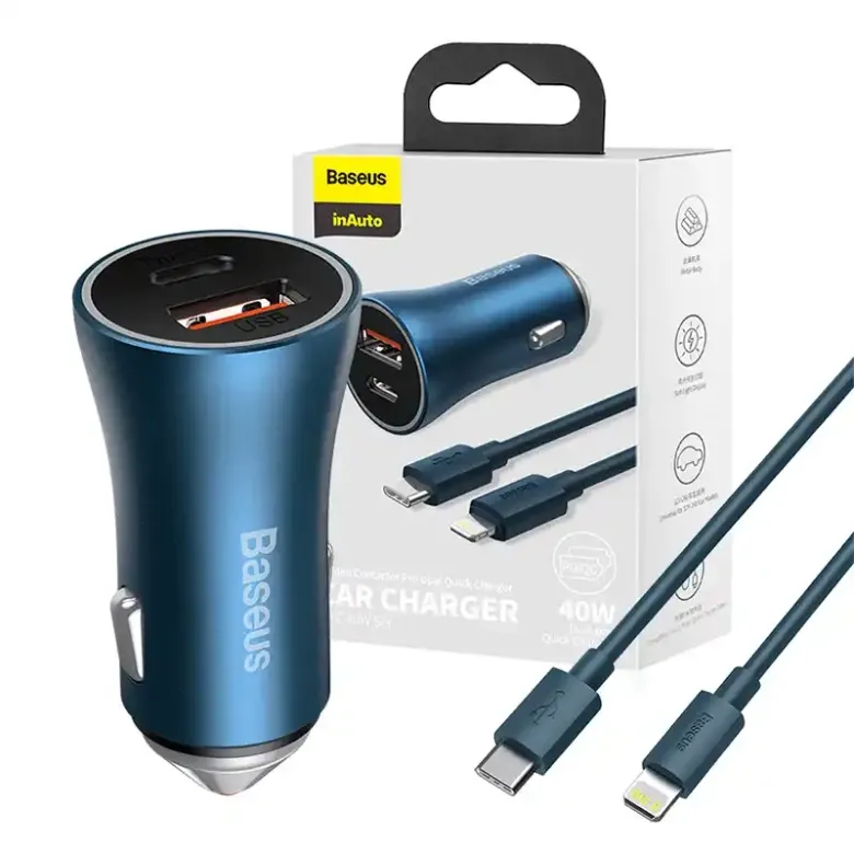 Baseus Golden Contactor Pro autós töltő, USB + USB-C, QC4.0 +, PD, SCP, 40 W (kék) + USB-C-Lightning kábel, 1 m (kék)