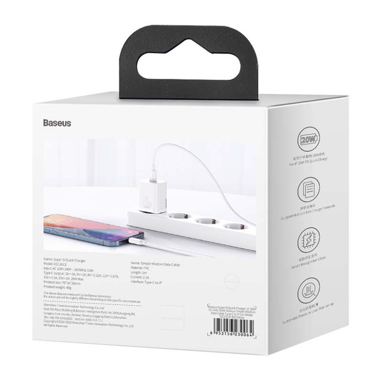 Baseus Super Si gyorstöltő 1C 20W adapter 1 m-es USB-C-Lightning kábellel (fehér) Baseus Super Si gyorstöltő 1C 20W adapter 1 m-es USB-C-Lightning kábellel (fehér)