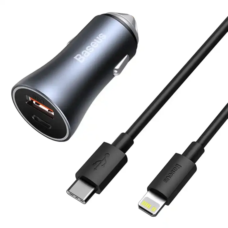 Baseus Golden Contactor Pro autós töltő, USB + USB-C, QC4.0+, PD, SCP, 40W (szürke) + USB-C és iP kábel 1m (fekete) Baseus Golden Contactor Pro autós töltő, USB + USB-C, QC4.0+, PD, SCP, 40W (szürke) + USB-C és iP kábel 1m (fekete)