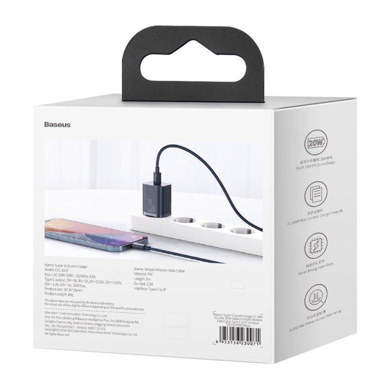 Baseus Super Si gyorstöltő 1C 20W, 1 m-es USB-C-Lightning kábellel (kék) Baseus Super Si gyorstöltő 1C 20W, 1 m-es USB-C-Lightning kábellel (kék)