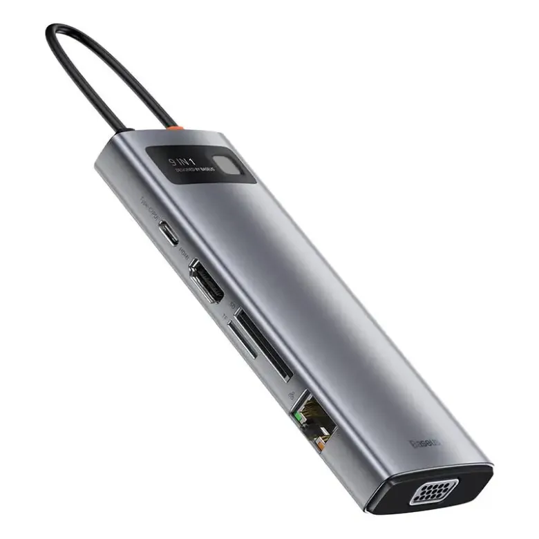 Baseus Metal Gleam Series 9 az 1-ben hub, USB-C - 3x USB 3.0 + HDMI + USB-C PD + Ethernet RJ45 + microSD / SD + VGA Baseus Metal Gleam Series 9 az 1-ben hub, USB-C - 3x USB 3.0 + HDMI + USB-C PD + Ethernet RJ45 + microSD / SD + VGA