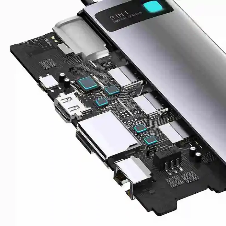 Baseus Metal Gleam Series 9 az 1-ben hub, USB-C - 3x USB 3.0 + HDMI + USB-C PD + Ethernet RJ45 + microSD / SD + VGA Baseus Metal Gleam Series 9 az 1-ben hub, USB-C - 3x USB 3.0 + HDMI + USB-C PD + Ethernet RJ45 + microSD / SD + VGA