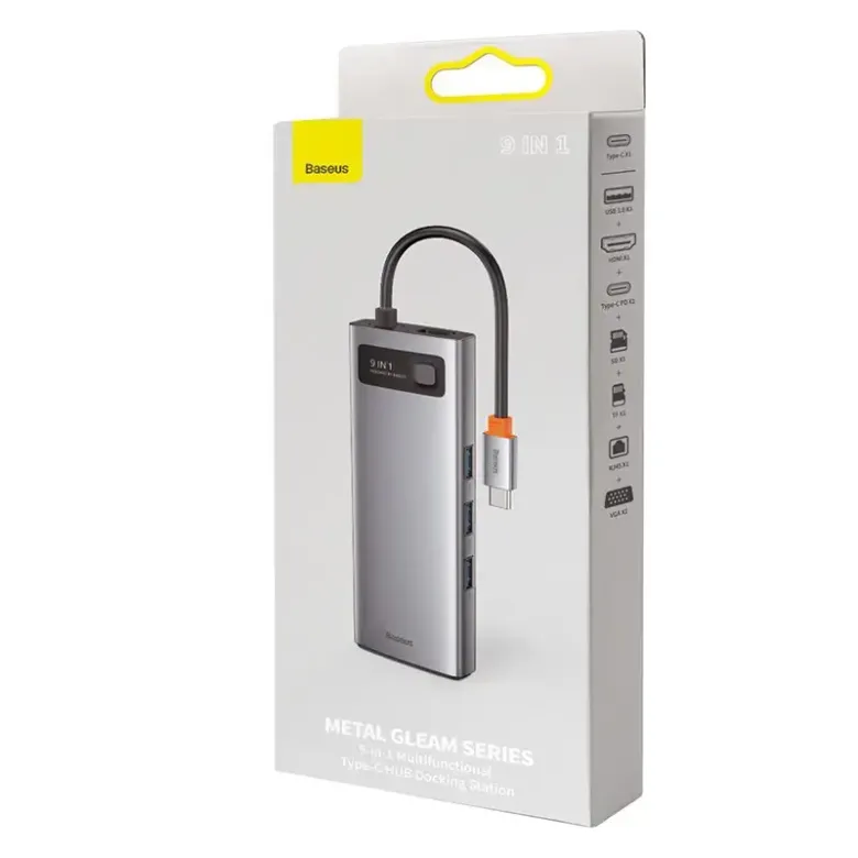 Baseus Metal Gleam Series 9 az 1-ben hub, USB-C - 3x USB 3.0 + HDMI + USB-C PD + Ethernet RJ45 + microSD / SD + VGA Baseus Metal Gleam Series 9 az 1-ben hub, USB-C - 3x USB 3.0 + HDMI + USB-C PD + Ethernet RJ45 + microSD / SD + VGA