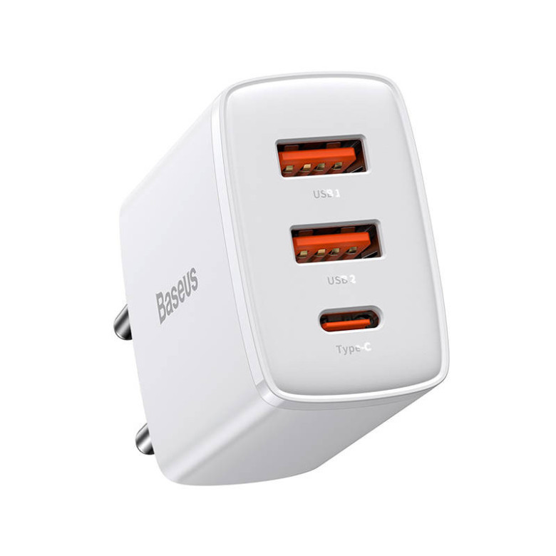 Baseus kompakt gyorstöltő, 2xUSB, USB-C, PD, 3A, 30 W (fehér) Baseus kompakt gyorstöltő, 2xUSB, USB-C, PD, 3A, 30 W (fehér)