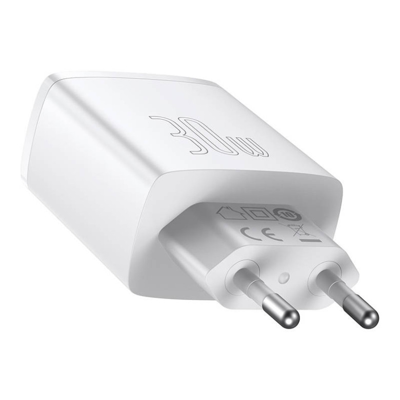 Baseus kompakt gyorstöltő, 2xUSB, USB-C, PD, 3A, 30 W (fehér) Baseus kompakt gyorstöltő, 2xUSB, USB-C, PD, 3A, 30 W (fehér)