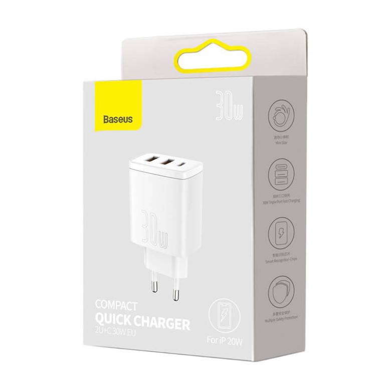 Baseus kompakt gyorstöltő, 2xUSB, USB-C, PD, 3A, 30 W (fehér) Baseus kompakt gyorstöltő, 2xUSB, USB-C, PD, 3A, 30 W (fehér)