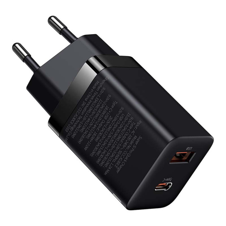 Baseus Super Si Pro gyorstöltő USB + USB-C, 30W (fekete) Baseus Super Si Pro gyorstöltő USB + USB-C, 30W (fekete)