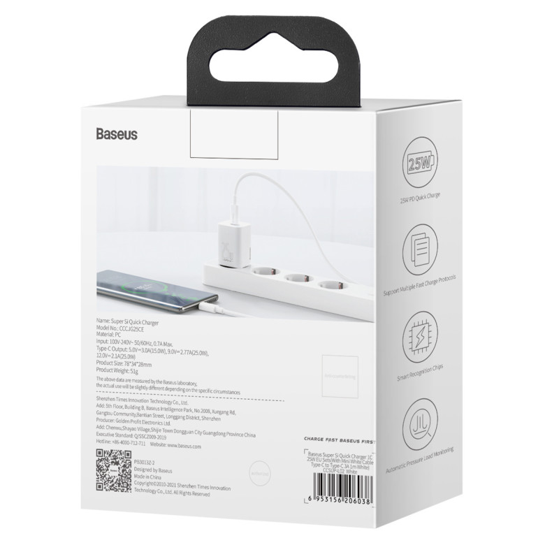 Baseus Super Si gyorstöltő 1C 25W hálózati töltő (fehér) Baseus Super Si gyorstöltő 1C 25W hálózati töltő (fehér)