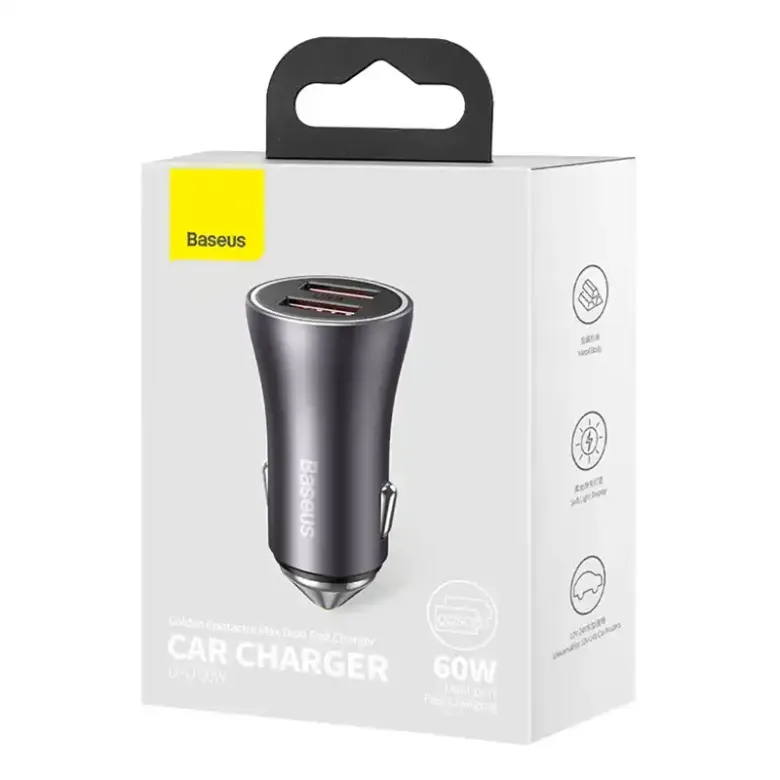 Baseus Golden Contactor Max autós töltő, 2x USB, 60W (szürke)