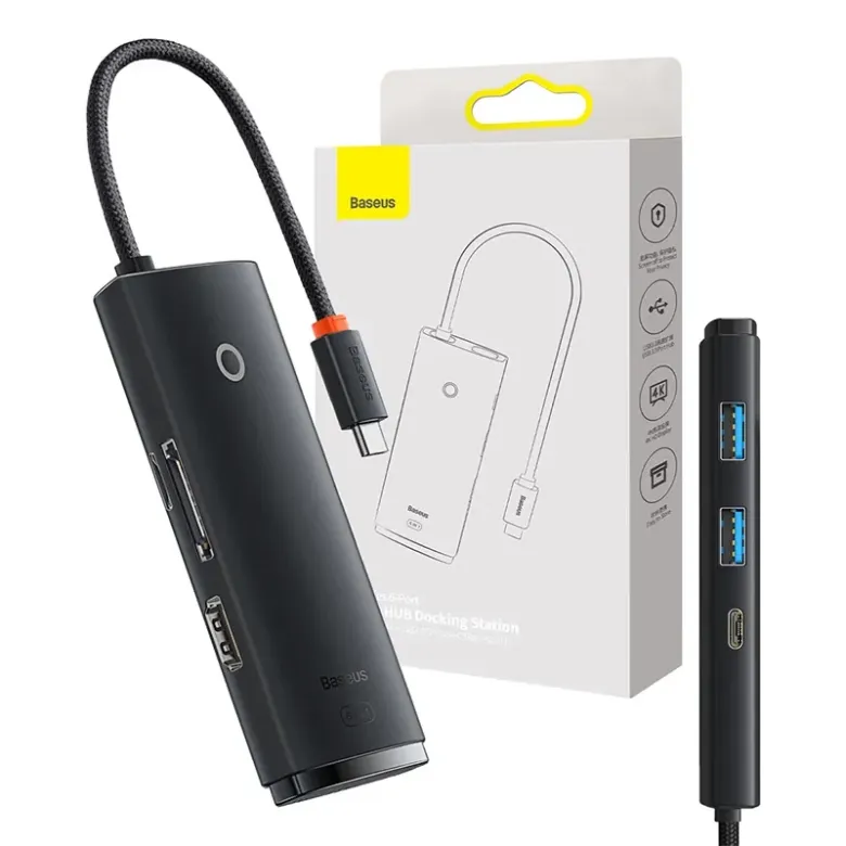Baseus Lite Series 6 az 1-ben Hub, USB-C-2x USB 3.0+USB-C+HDMI+SD/TF (fekete) Baseus Lite Series 6 az 1-ben Hub, USB-C-2x USB 3.0+USB-C+HDMI+SD/TF (fekete)