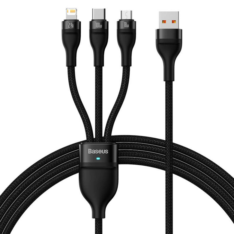 Baseus Flash Series 3 az 1-ben USB-kábel, USB-C + micro USB + Lightning, 100W, 1.2m (fekete) Baseus Flash Series 3 az 1-ben USB-kábel, USB-C + micro USB + Lightning, 100W, 1.2m (fekete)