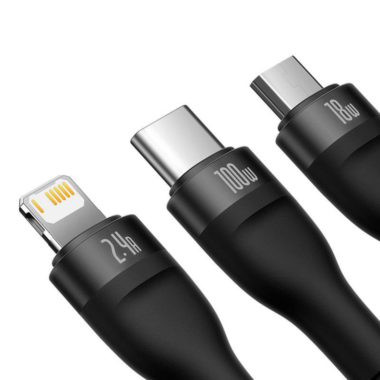 Baseus Flash Series 3 az 1-ben USB-kábel, USB-C + micro USB + Lightning, 100W, 1.2m (fekete) Baseus Flash Series 3 az 1-ben USB-kábel, USB-C + micro USB + Lightning, 100W, 1.2m (fekete)