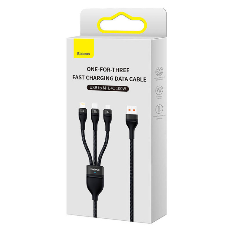 Baseus Flash Series 3 az 1-ben USB-kábel, USB-C + micro USB + Lightning, 100W, 1.2m (fekete) Baseus Flash Series 3 az 1-ben USB-kábel, USB-C + micro USB + Lightning, 100W, 1.2m (fekete)