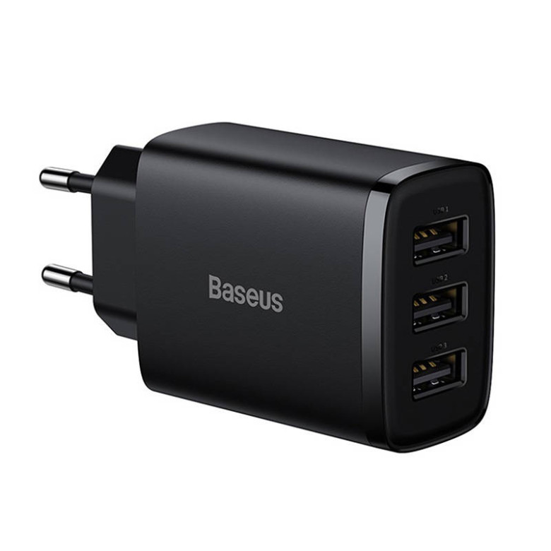 Baseus Compact gyorstöltő, 3x USB, 17W (fekete) Baseus Compact gyorstöltő, 3x USB, 17W (fekete)