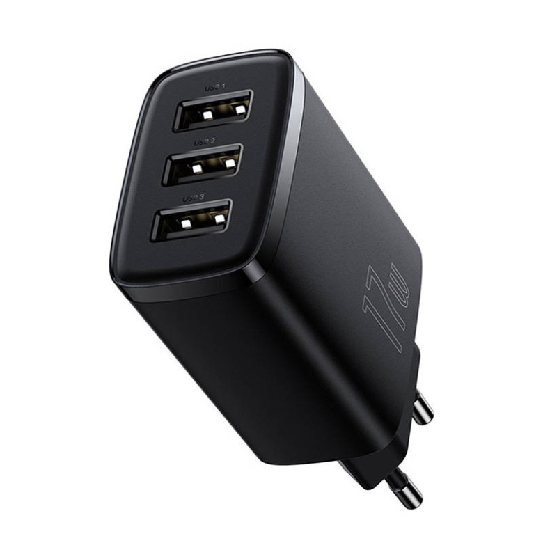 Baseus Compact gyorstöltő, 3x USB, 17W (fekete) Baseus Compact gyorstöltő, 3x USB, 17W (fekete)