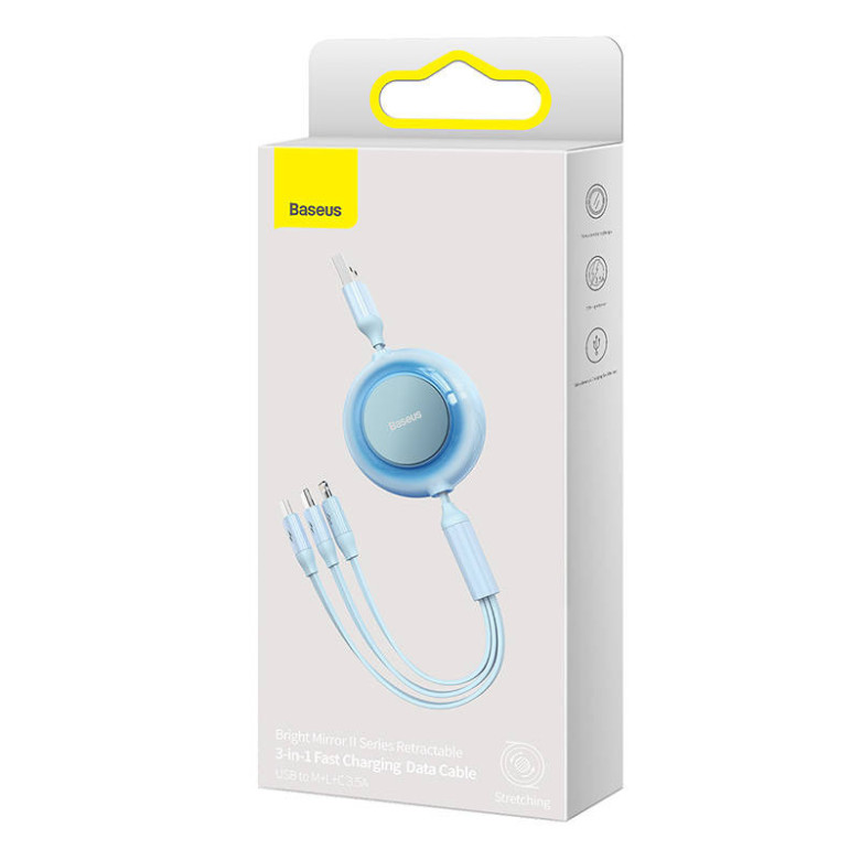 Baseus Bright Mirror 2, 3 az 1-ben Micro-USB / Lightning / USB-C kábel, 3,5 A, 1,1 m (égszínkék) Baseus Bright Mirror 2, 3 az 1-ben Micro-USB / Lightning / USB-C kábel, 3,5 A, 1,1 m (égszínkék)