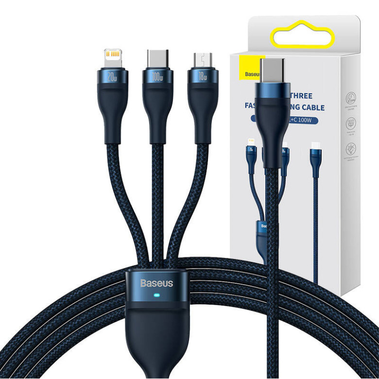 Baseus Flash Series 2, 3 az 1-ben USB kábel, USB-C / Micro-USB / Lightning, 100W, 1.5m (kék) Baseus Flash Series 2, 3 az 1-ben USB kábel, USB-C / Micro-USB / Lightning, 100W, 1.5m (kék)