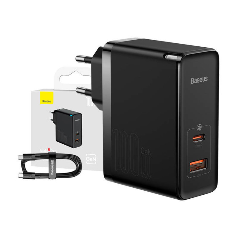 Baseus GaN USB-C + USB fali töltő, 100W + 1m kábel (fekete) Baseus GaN USB-C + USB fali töltő, 100W + 1m kábel (fekete)