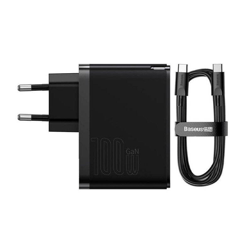 Baseus GaN USB-C + USB fali töltő, 100W + 1m kábel (fekete) Baseus GaN USB-C + USB fali töltő, 100W + 1m kábel (fekete)