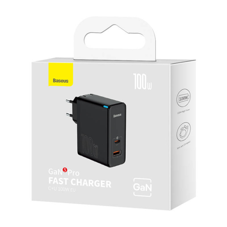 Baseus GaN USB-C + USB fali töltő, 100W + 1m kábel (fekete) Baseus GaN USB-C + USB fali töltő, 100W + 1m kábel (fekete)