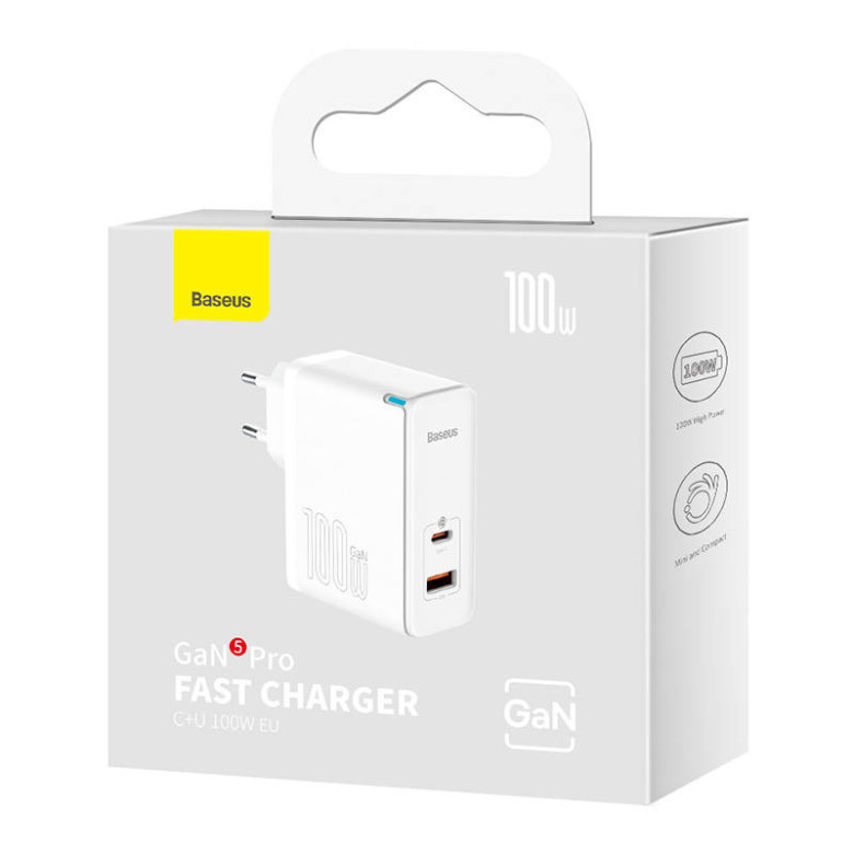 Baseus GaN5 Pro USB-C + USB hálózati töltő, 100W + 1m kábel (fehér) Baseus GaN5 Pro USB-C + USB hálózati töltő, 100W + 1m kábel (fehér)